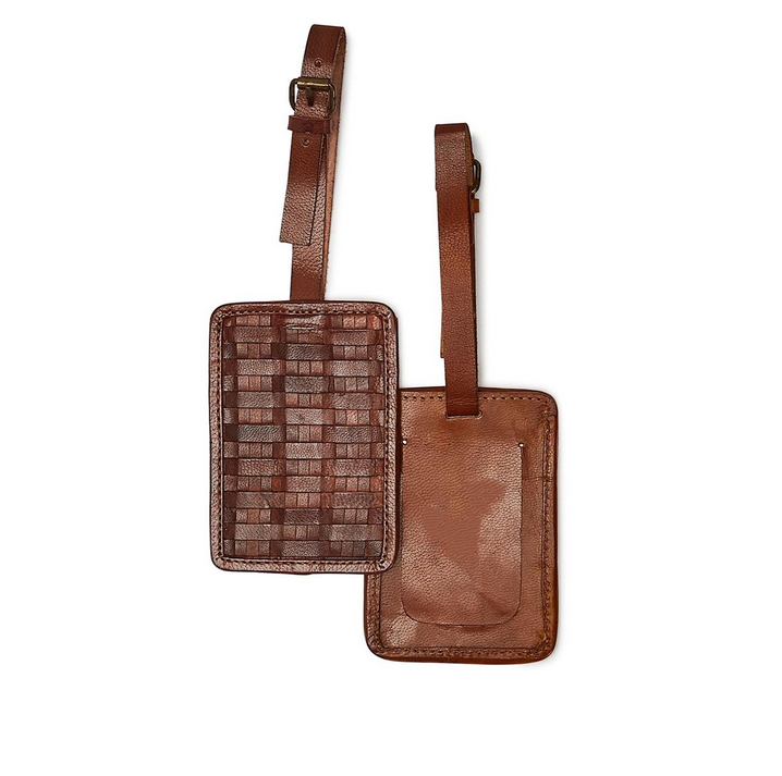 Two's Company Chestnut Woven Leather Luggage Tag