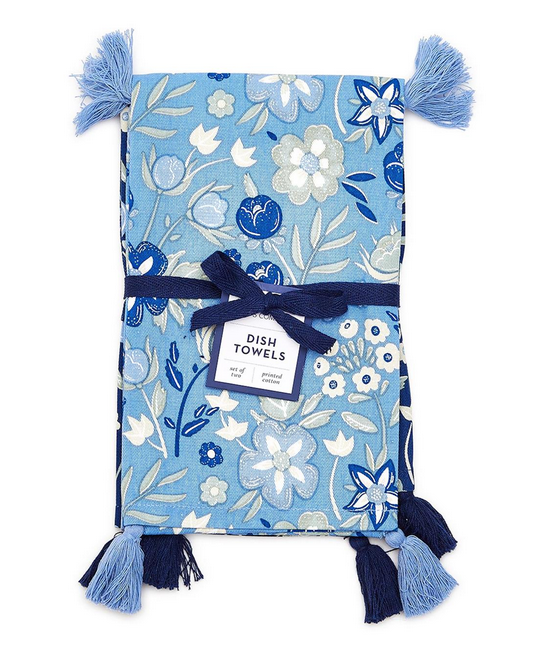 Two's Company Blue Floral Dish Towel Set
