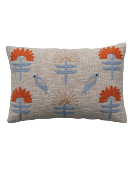 Creative Co-op Woven Cotton Lumbar Pillow w/ Birds & Flowers