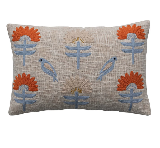 Creative Co-op Woven Cotton Lumbar Pillow w/ Birds & Flowers