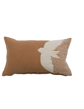 Bloomingville 24" x 14" Cotton Slub Lumbar Pillow w/ Embroidery & Bird