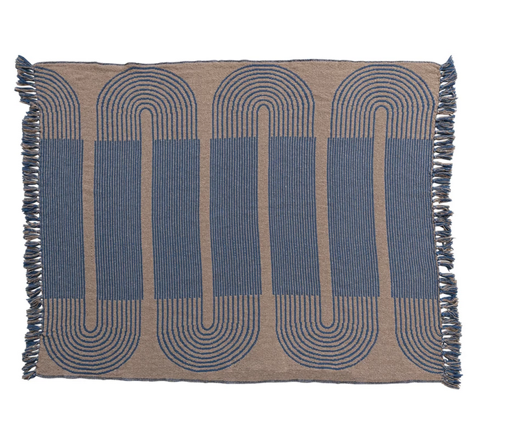 Bloomingville Woven Recycled Cotton Blend Throw w/ Pattern & Fringe, Blue & Tan Color
