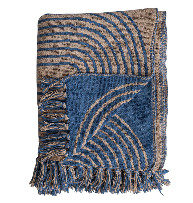 Bloomingville Woven Recycled Cotton Blend Throw w/ Pattern & Fringe, Blue & Tan Color