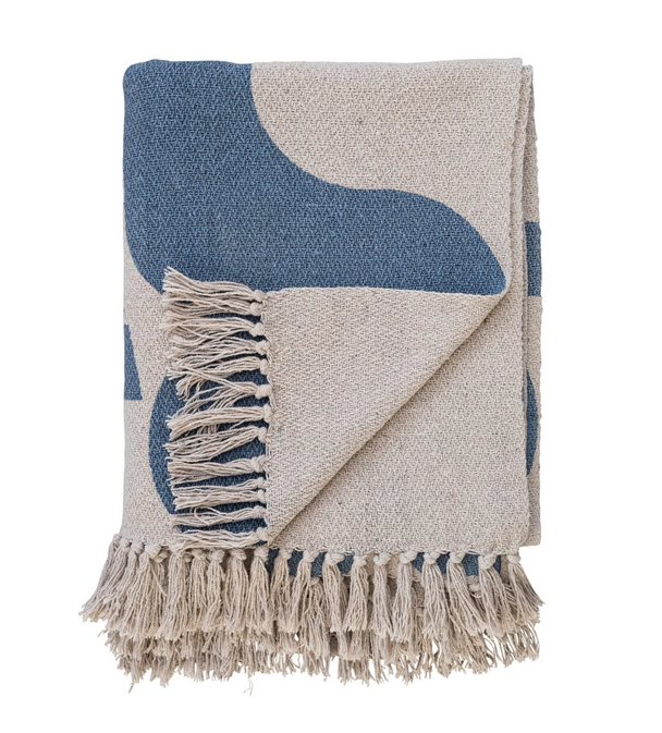 Bloomingville 60"L x 50"W Woven Recycled Cotton Blend Printed Throw w/ Abstract Design & Fringe