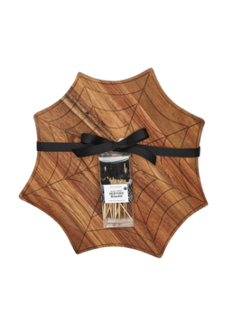 Two's Company Spiderweb Wooden Charcuterie Serving Board w/20 Spider Picks