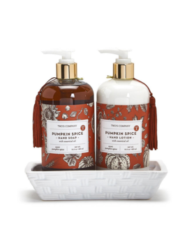 Two's Company Autumn Air Pumpkin Spice Scented Soap & Lotion Set with Ceramic Tray