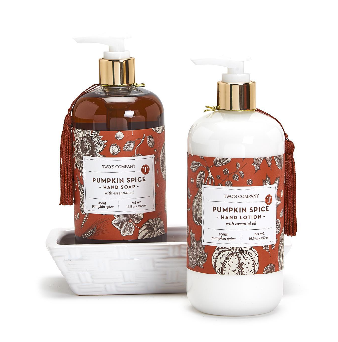 Two's Company Autumn Air Pumpkin Spice Scented Soap & Lotion Set with Ceramic Tray