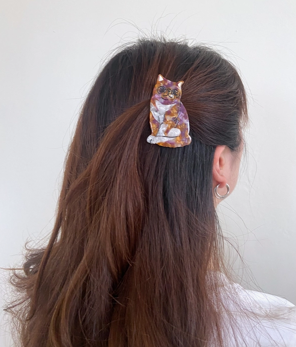 Solar Eclipse Hand-Painted Exotic Tabby Cat Barrette Hair Clip