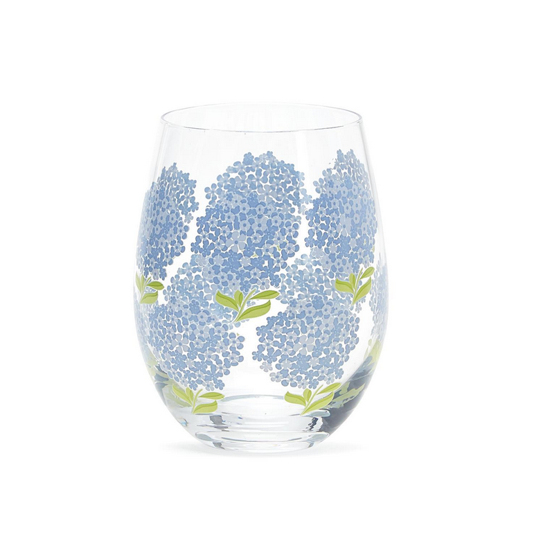Two's Company Blue Hydrangea Stemless Wine Glass