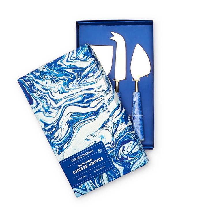Two's Company Blue Swirl S/3 Cheese Knives in Gift Box