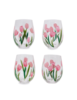 Two's Company Pink Tulips Stemless Wine Glass