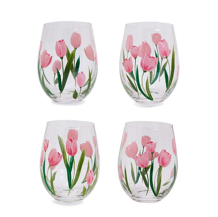 Two's Company Pink Tulips Stemless Wine Glass