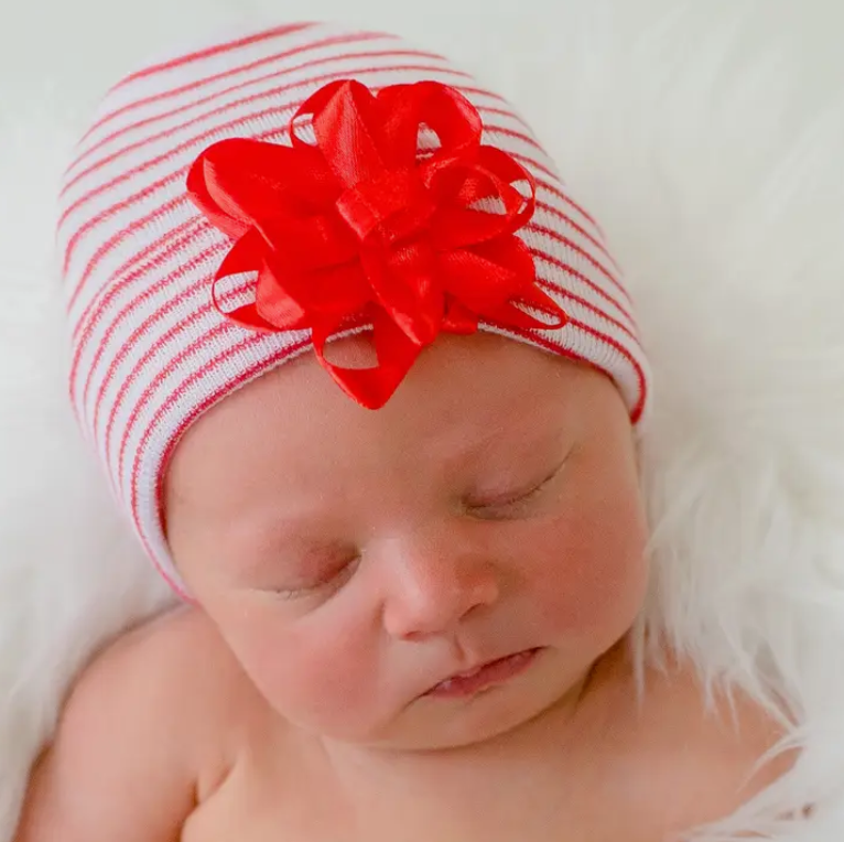 ilybean Christmas Gift Bow Hat - Red/White Striped Newborn Girl Hat