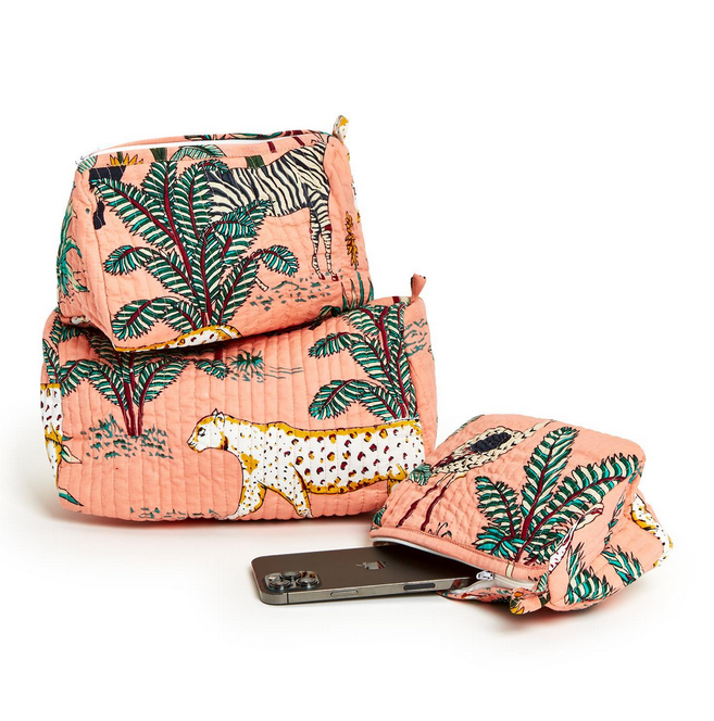 Two's Company Pink Hand Block Printed Cosmetic and Accessory Bag - Medium