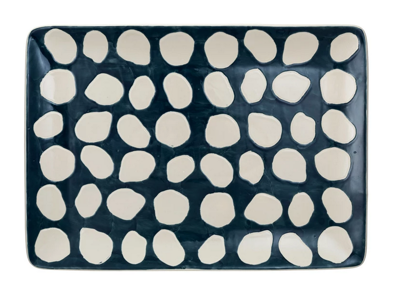 Creative Co-op Hand-Painted Stoneware Platter w/ Wax Relief Dots, Blue & White