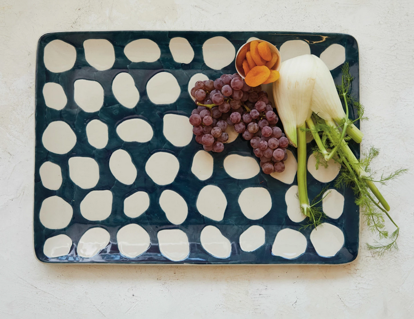 Creative Co-op Hand-Painted Stoneware Platter w/ Wax Relief Dots, Blue & White