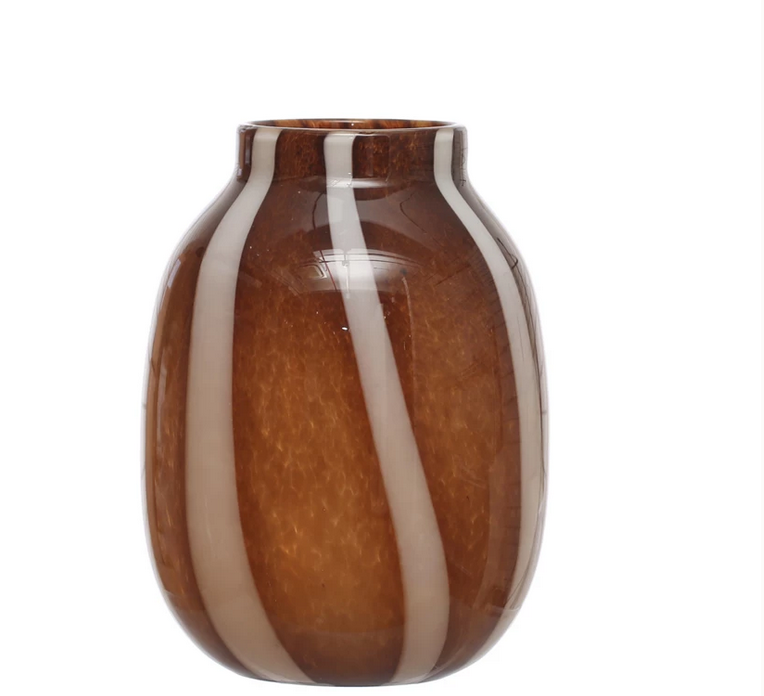Creative Co-op Glass Vase w/ Stripes, Brown & White