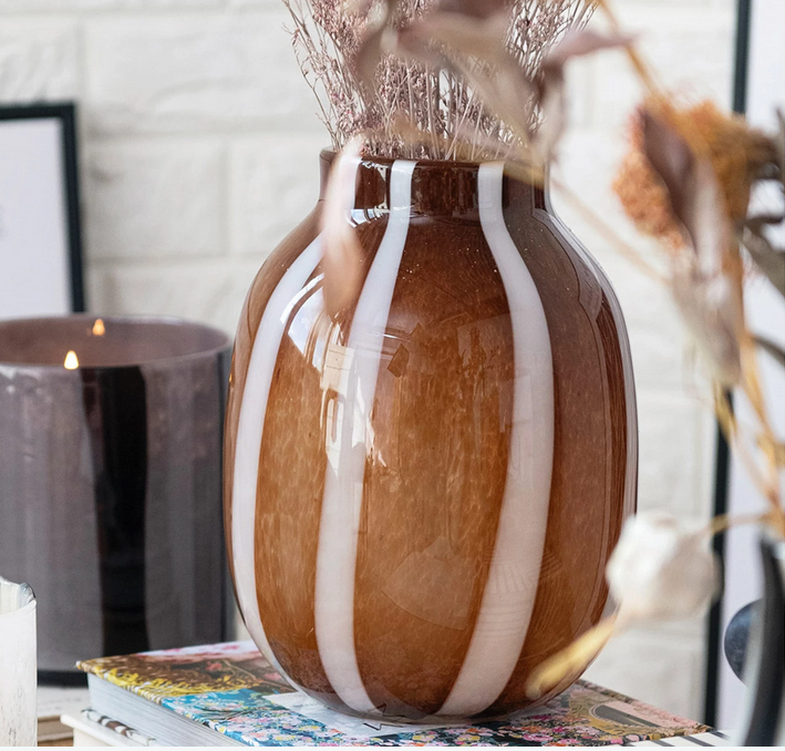 Creative Co-op Glass Vase w/ Stripes, Brown & White