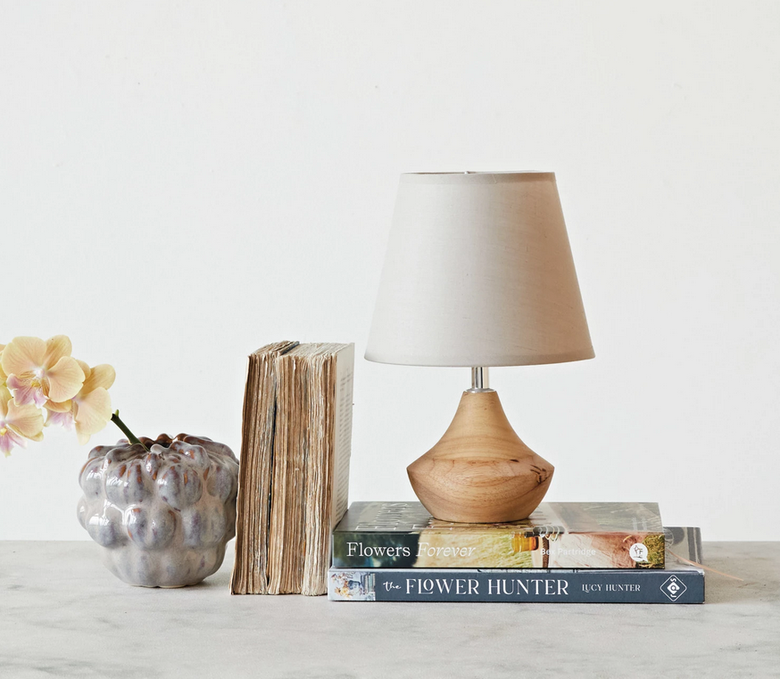 Creative Co-op Eucalyptus Wood Table Lamp w/ Linen Shade