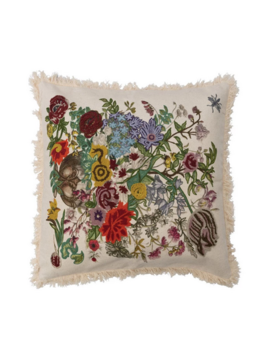 Creative Co-op 24" Cotton Printed Pillow w/ Embroidery, Florals & Fringe Style B