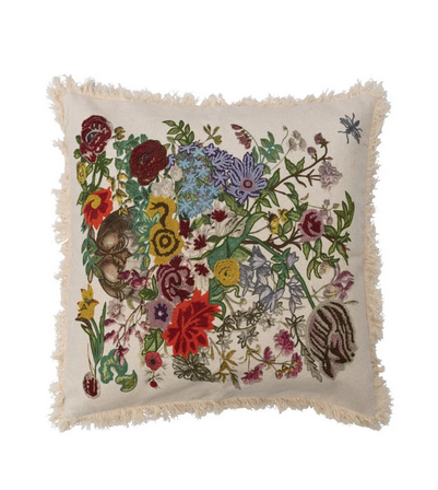 Creative Co-op 24" Cotton Printed Pillow w/ Embroidery, Florals & Fringe Style B