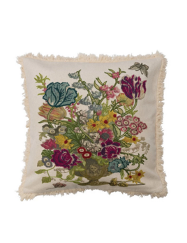 Creative Co-op 24" Cotton Printed Pillow w/ Embroidery, Florals & Fringe Style A