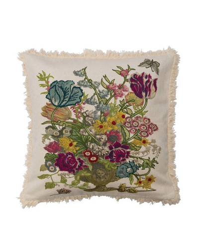 Creative Co-op 24" Cotton Printed Pillow w/ Embroidery, Florals & Fringe Style A