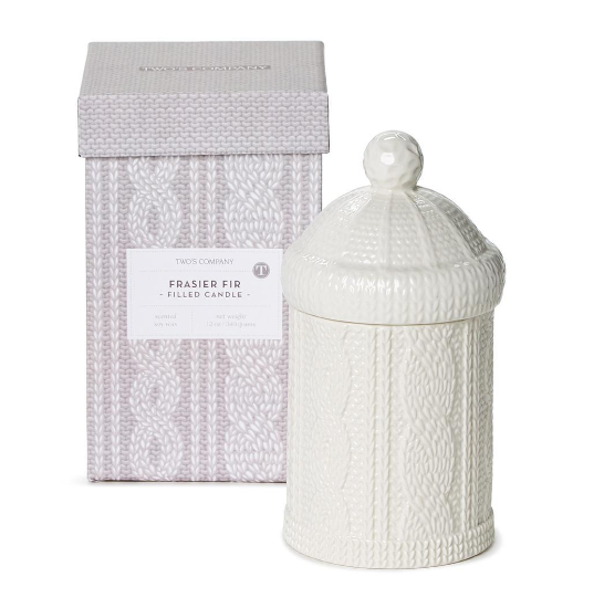 Two's Company Cable Knit Lidded Filled Candle with Frasier Fir Scent