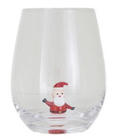 Creative Co-op Stemless Wine Glass w/ Holiday Figure Inside - Santa