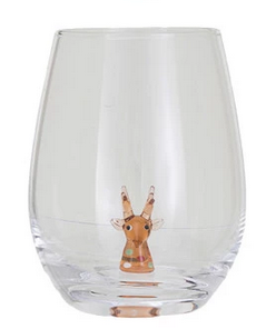 Creative Co-op Stemless Wine Glass w/ Holiday Figure Inside - Reindeer