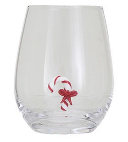 Creative Co-op Stemless Wine Glass w/ Holiday Figure Inside - Candy Cane