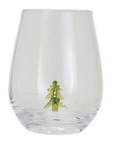 Creative Co-op Stemless Wine Glass w/ Holiday Figure Inside - Tree