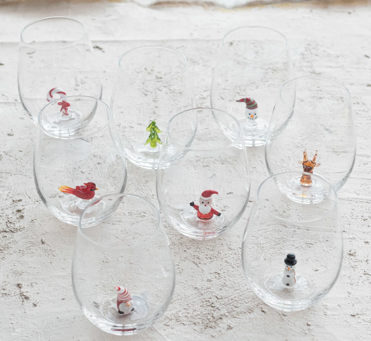 Creative Co-op Stemless Wine Glass w/ Holiday Figure Inside - Tree
