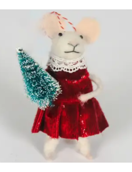 Felt Mouse In Satin Dress Holding Tree Ornament