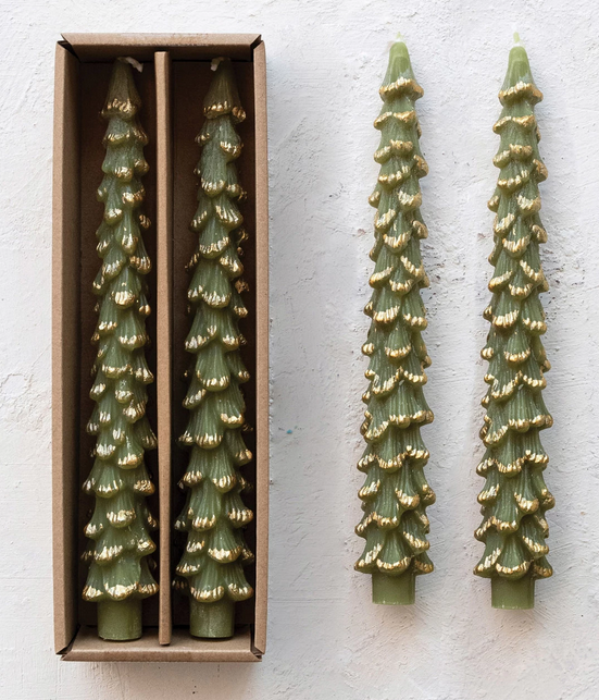 Creative Co-op Unscented Tree Shaped Taper Candles w/ Gold Tips in Box, Evergreen Color