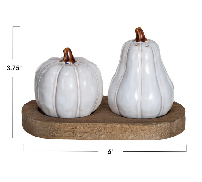 Creative Co-op Stoneware Salt & Pepper Shakers w/ Wood Tray