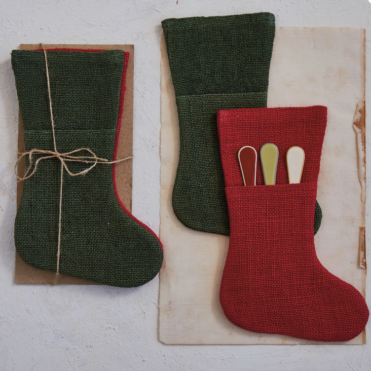 Creative Co-op Woven Jute Stocking Shaped Cutlery Sleeves, Red & Green