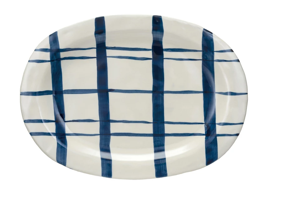 Creative Co-op Oval Hand-Painted Stoneware Platter, Blue & White