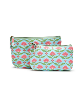 Two's Company Floral Block Print Multipurpose Pouch Set - Blue