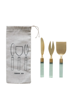 Creative Co-op Stainless Steel Cheese Utensils w/ Resin Handles, Brass Finish & Green