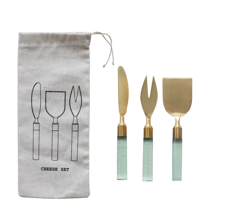 Creative Co-op Stainless Steel Cheese Utensils w/ Resin Handles, Brass Finish & Green