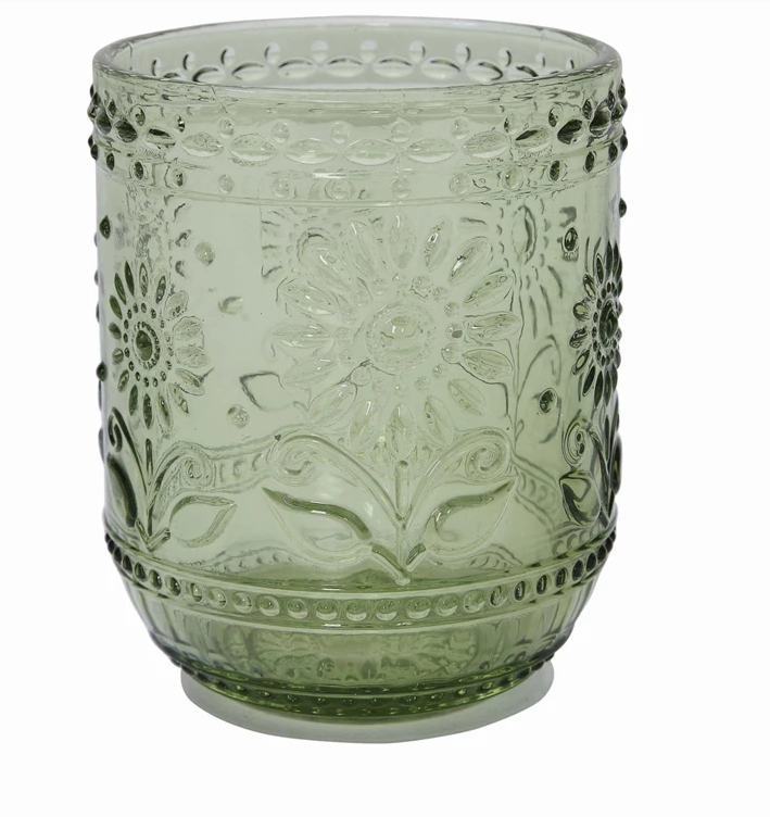 Creative Co-op Flower Embossed Drinking Glass, Green
