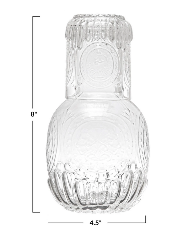 Creative Co-op 28 oz. Embossed Glass Carafe w/ 8 oz. Embossed Drinking Glass