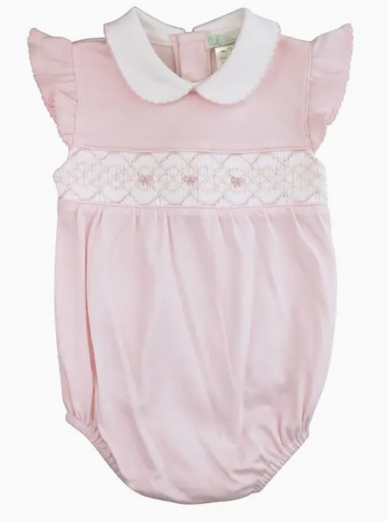 baby threads Bows Hand Smocked Pima Cotton Baby Girl Romper- 6M