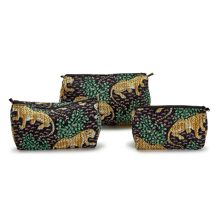 Two's Company Leopard Hand Block Printed Pouch- Large