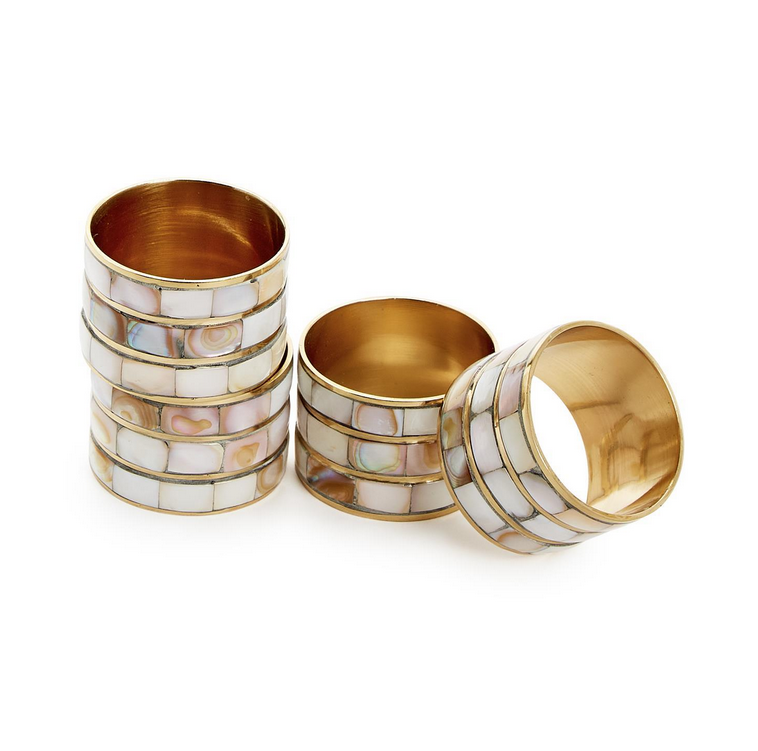 Two's Company Mother of Pearl Napkin Ring Holder - Set of 4