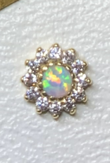 14g Rose Flower (8mm) (yellow gold) (clear CZ outers and synthetic white opal center) (threaded) ( DT085 )