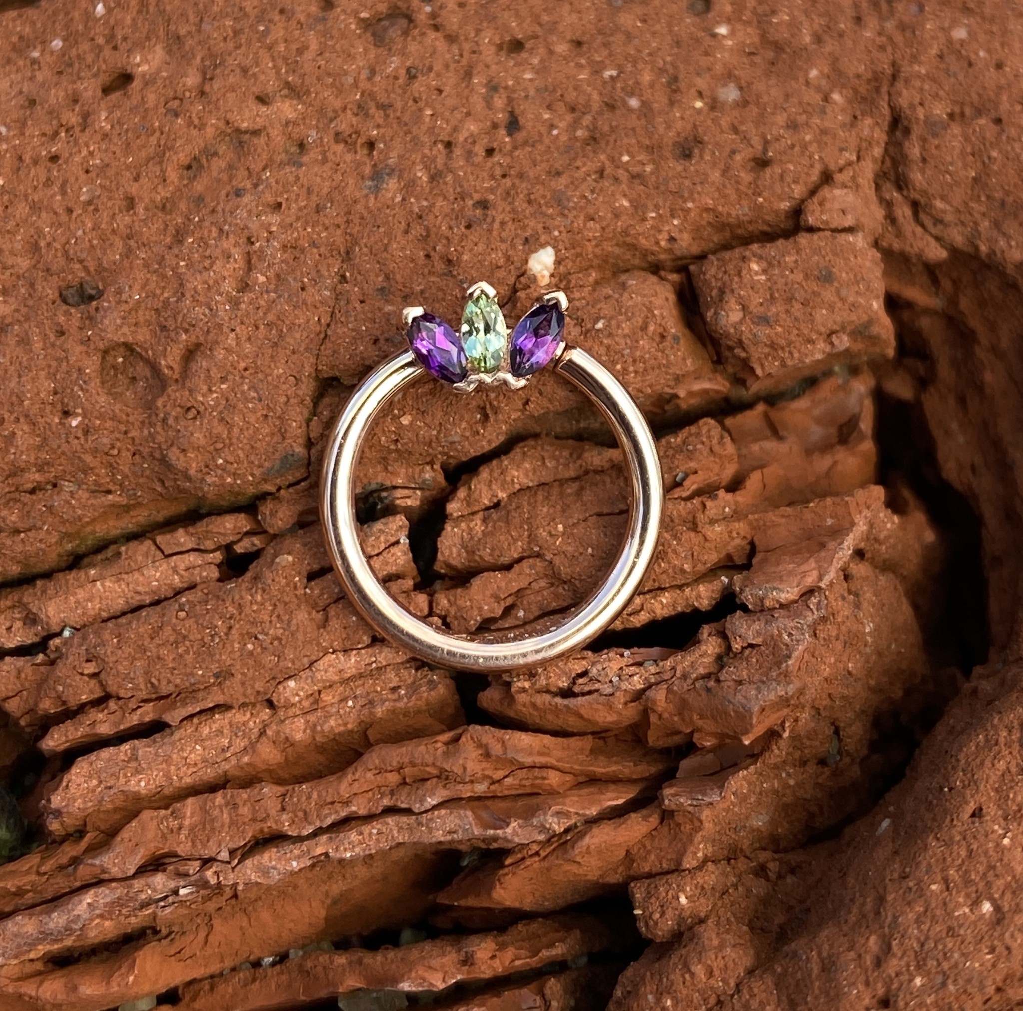 16g 3/8 Marquise Fan Seam Ring with Amethyst & Seafoam Tourmaline by BVLA