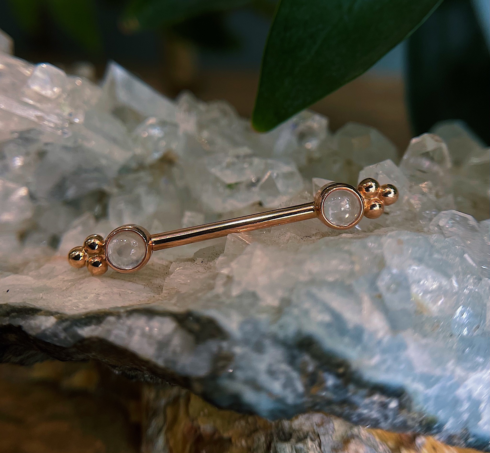 14g 5/8 Tri Bead Cluster Barbell with Rose Quartz by BVLA