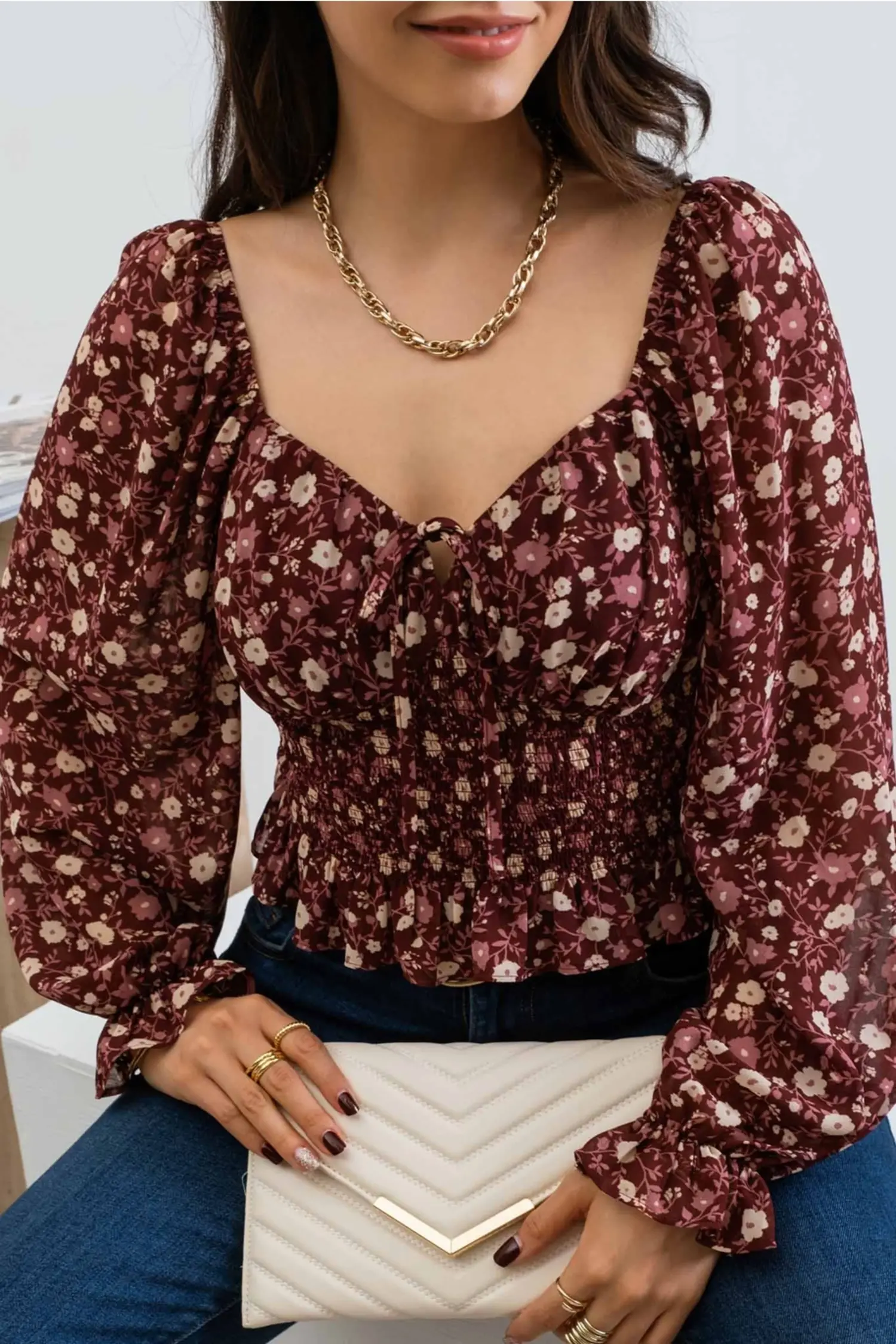 Free People floral thermal top size S in burgundy